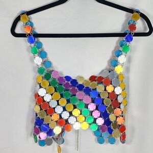 Rainbow Sequin Disc Silver Chain Metallic Crop Top Festival Indie Pride Shiny